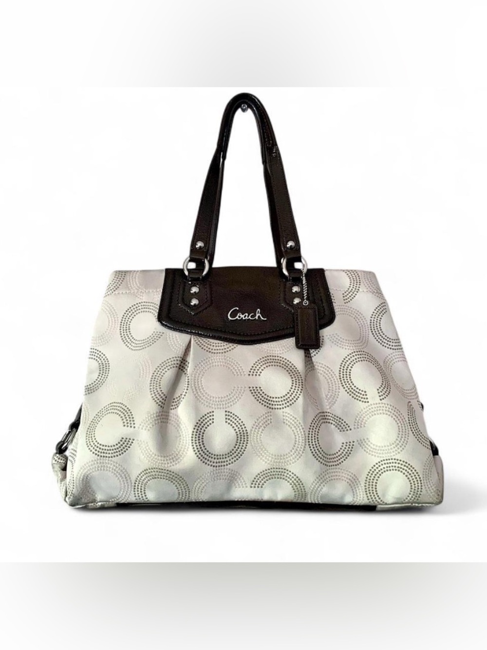 Coach Silver Tote with Brown Trim and Handles